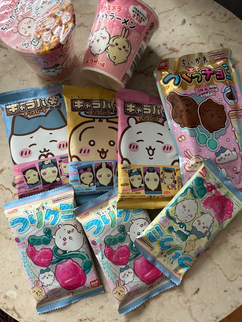 Collection of Chiikawa-themed Japanese snacks/toys